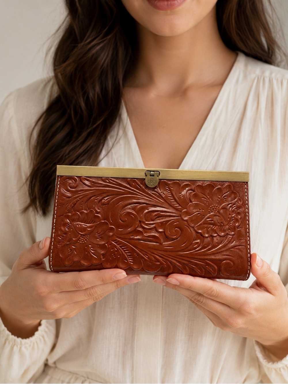 Patricia Nash Cauchy Leather Frame Wallet Tooled RFID Florence Brown